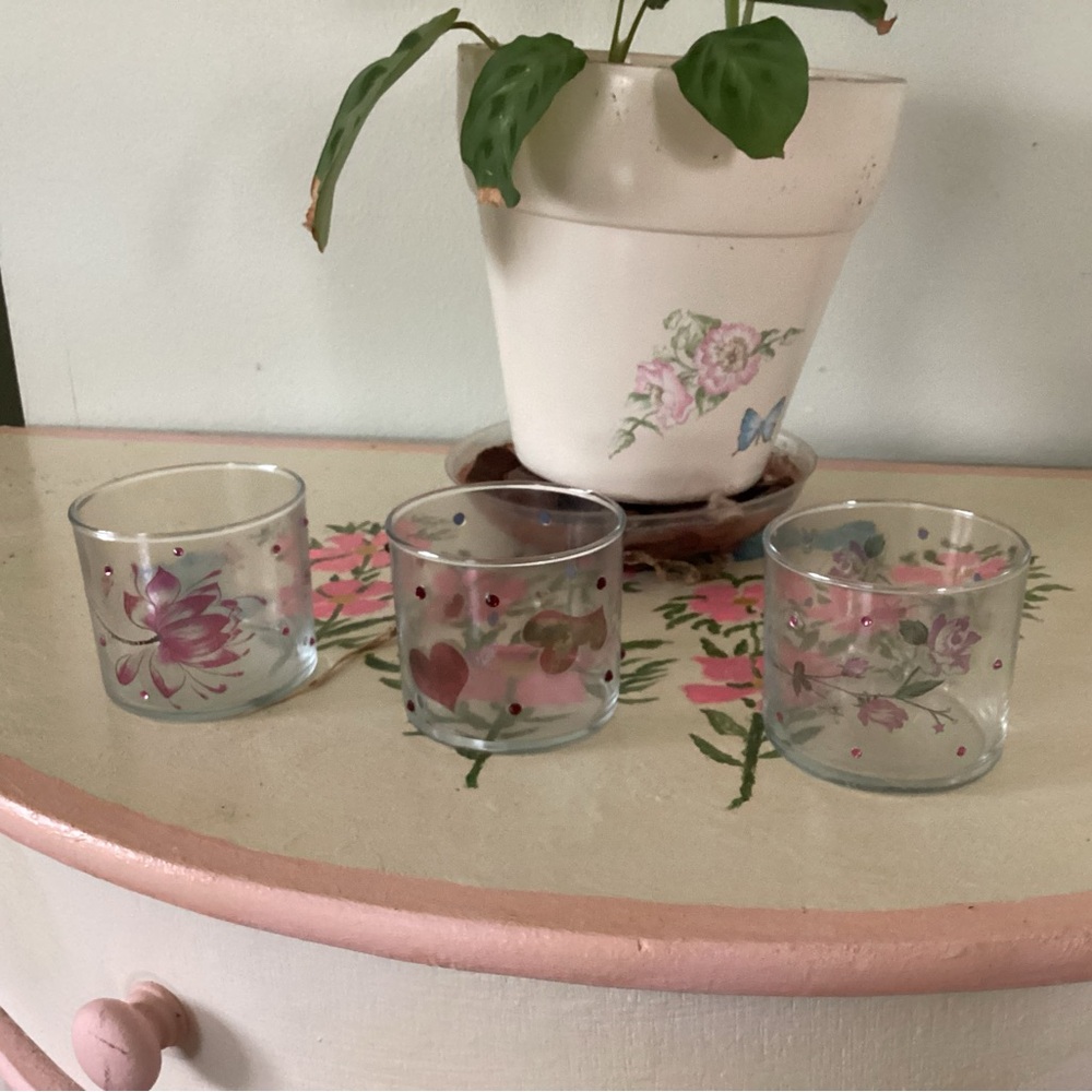 Hand Crafted Floral Glass Candle Holders - Pink and Green